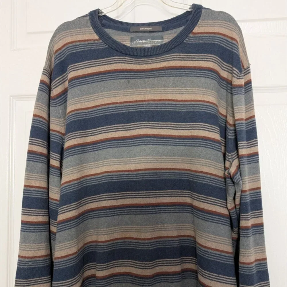 Eddie Bauer Stripe Sweater Mens Size XL Tall Blue Cotton Merino Wool Long Sleeve - Picture 2 of 10